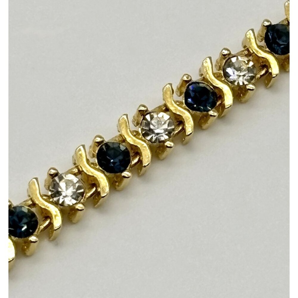 Vintage Gold Tone Metal and Faux Sapphire Faux Diamond Tennis Style Bracelet 80s - Picture 13 of 13